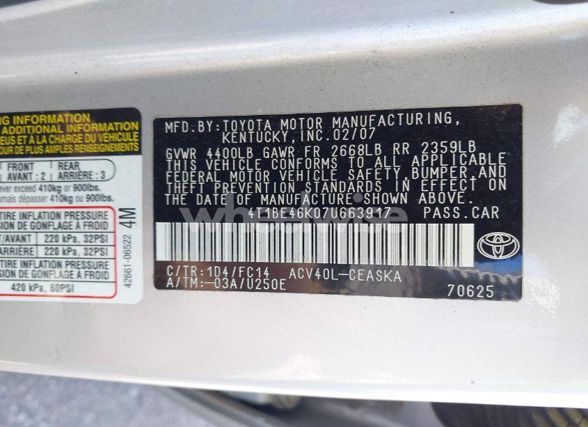 Photo 9 of 2007 Toyota Camry SE (VIN 4T1BE46K07U663917)
