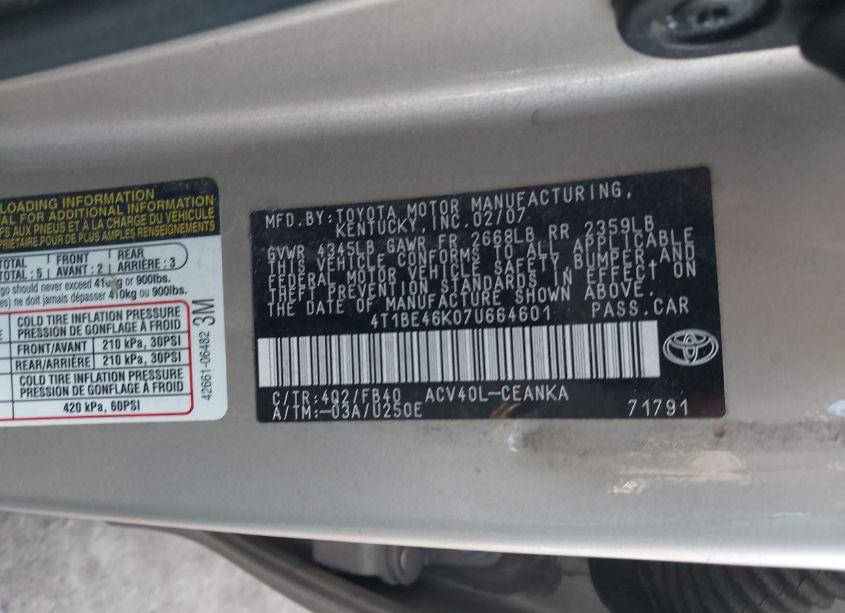 Photo 9 of 2007 Toyota Camry CE (VIN 4T1BE46K07U664601)