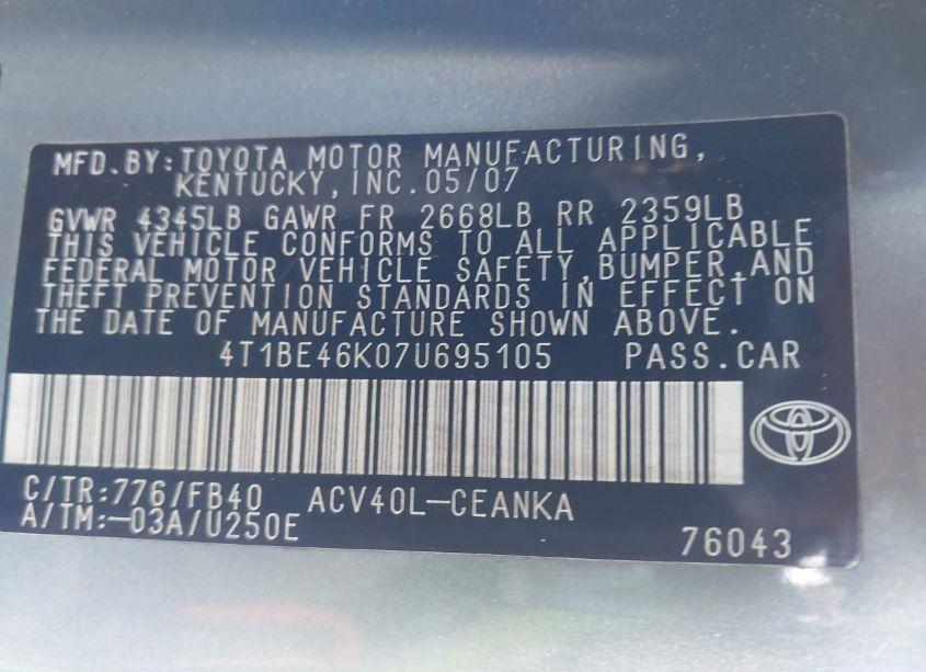 Photo 9 of 2007 Toyota Camry LE (VIN 4T1BE46K07U695105)