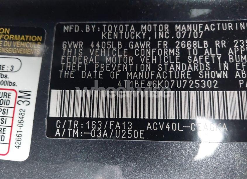 Photo 9 of 2007 Toyota Camry XLE (VIN 4T1BE46K07U725302)