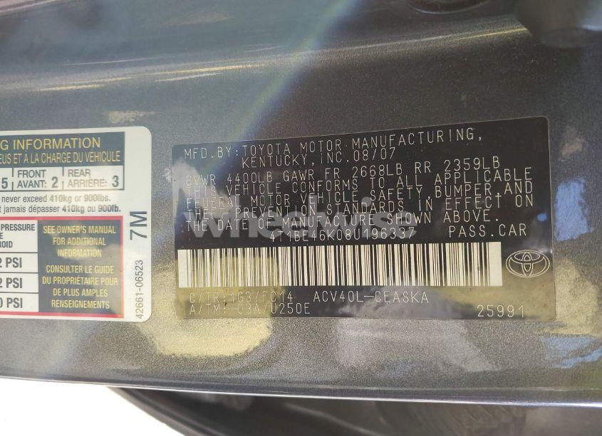 Photo 9 of 2008 Toyota Camry SE (VIN 4T1BE46K08U196337)