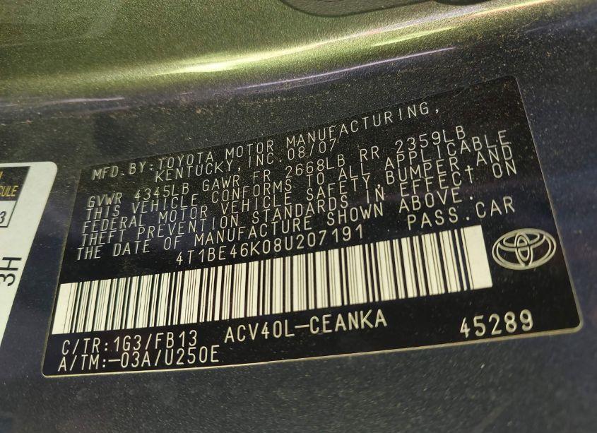 Photo 9 of 2008 Toyota Camry CE/LE/XLE/SE (VIN 4T1BE46K08U207191)