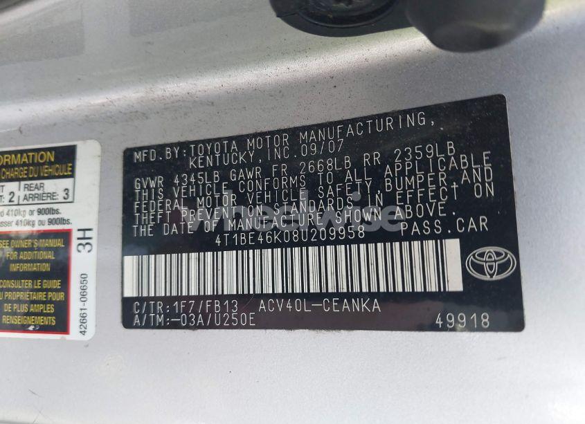 Photo 9 of 2008 Toyota Camry (VIN 4T1BE46K08U209958)