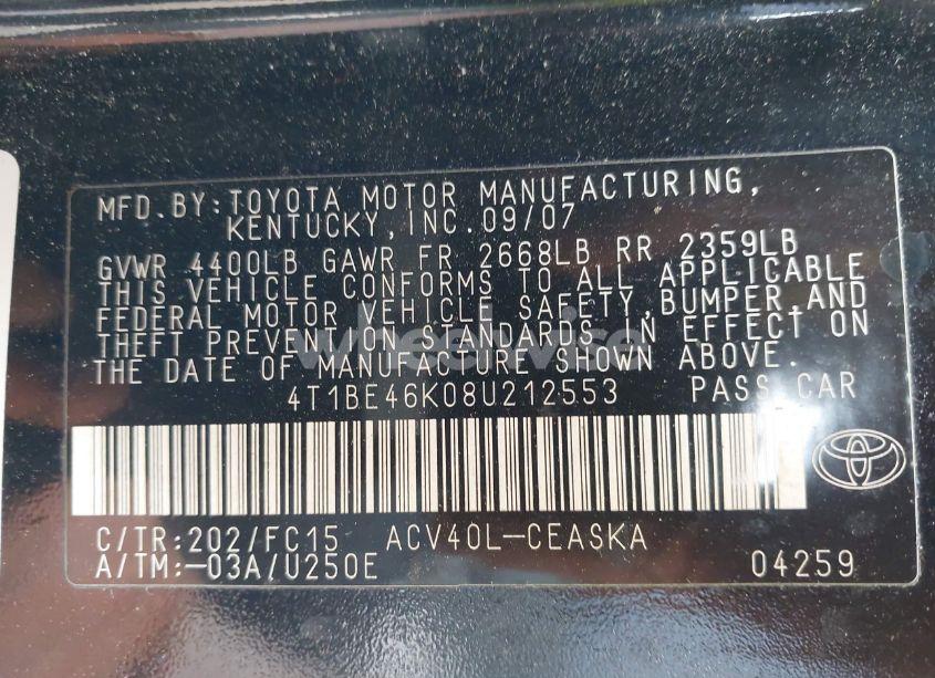 Photo 9 of 2008 Toyota Camry SE (VIN 4T1BE46K08U212553)
