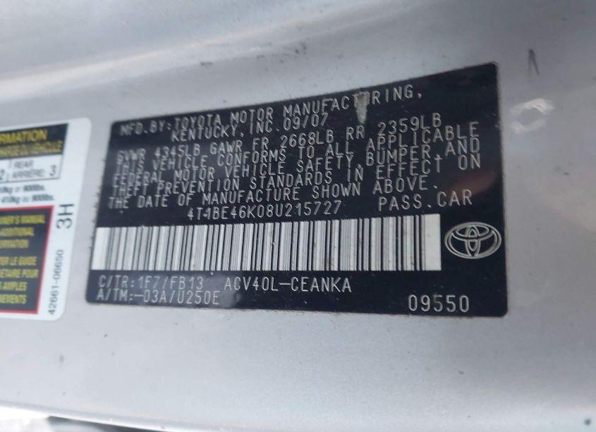 Photo 9 of 2008 Toyota Camry LE (VIN 4T1BE46K08U215727)