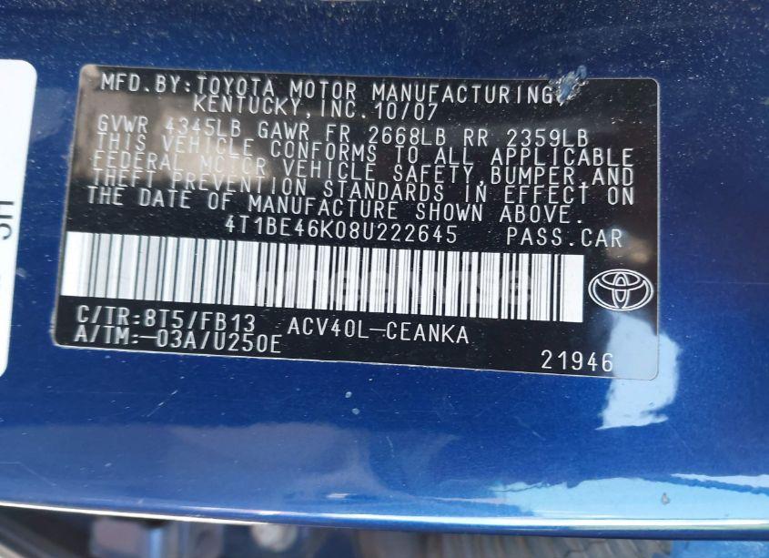 Photo 9 of 2008 Toyota Camry LE (VIN 4T1BE46K08U222645)