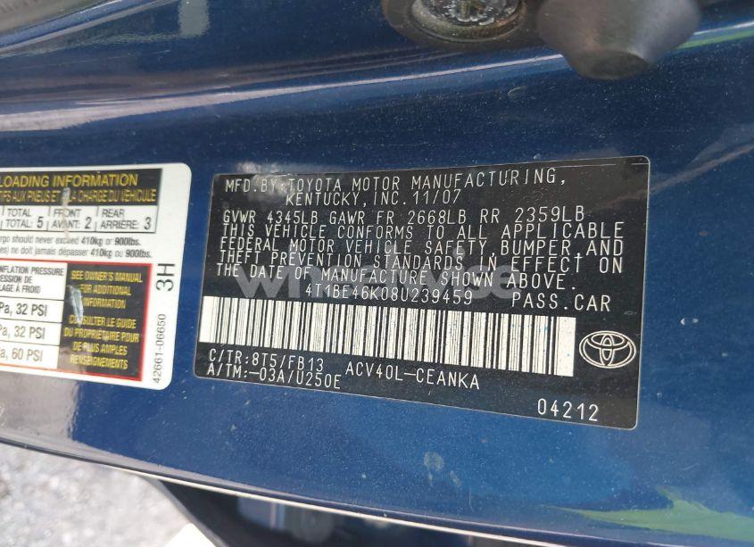 Photo 9 of 2008 Toyota Camry LE (VIN 4T1BE46K08U239459)