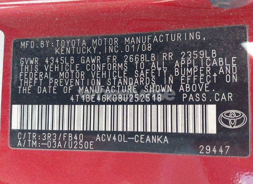 Photo 9 of 2008 Toyota Camry LE (VIN 4T1BE46K08U252518)