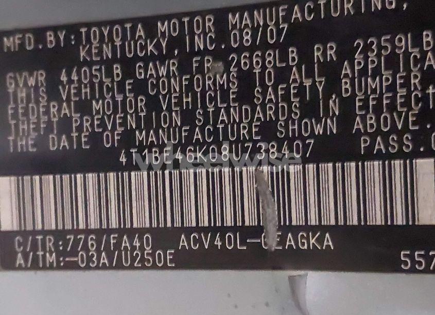 Photo 9 of 2008 Toyota Camry XLE (VIN 4T1BE46K08U738407)