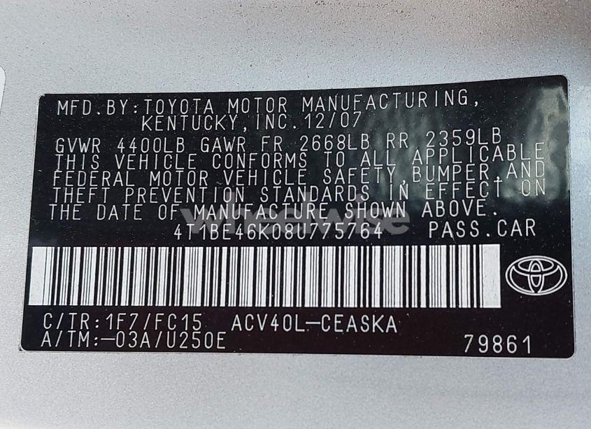 Photo 9 of 2008 Toyota Camry SE (VIN 4T1BE46K08U775764)