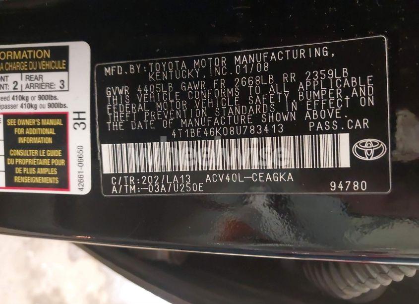Photo 9 of 2008 Toyota Camry XLE (VIN 4T1BE46K08U783413)