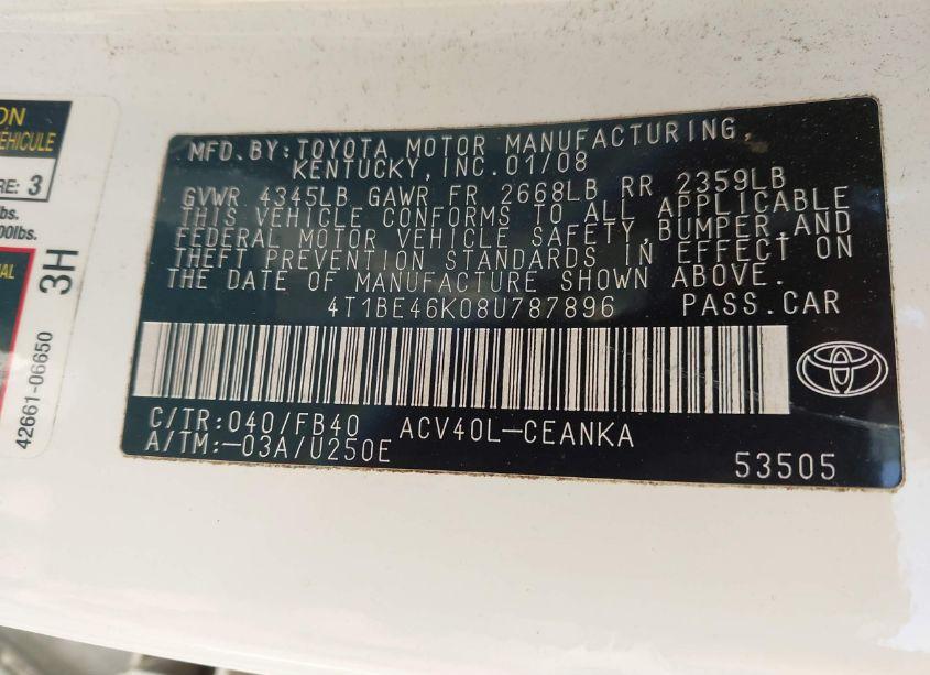 Photo 9 of 2008 Toyota Camry LE (VIN 4T1BE46K08U787896)