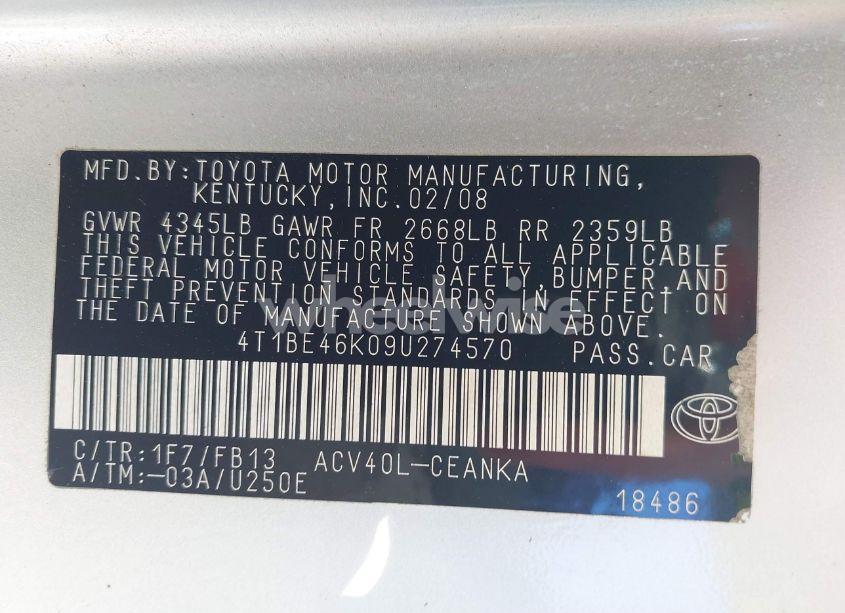 Photo 9 of 2009 Toyota Camry LE (VIN 4T1BE46K09U274570)