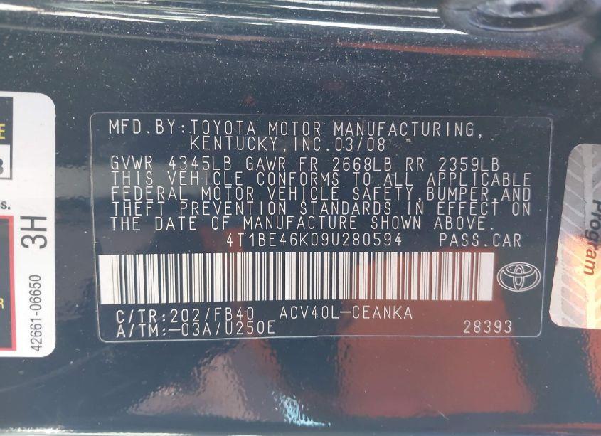 Photo 9 of 2009 Toyota Camry LE (VIN 4T1BE46K09U280594)