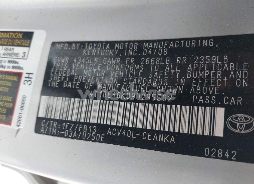 Photo 9 of 2009 Toyota Camry LE (VIN 4T1BE46K09U295502)