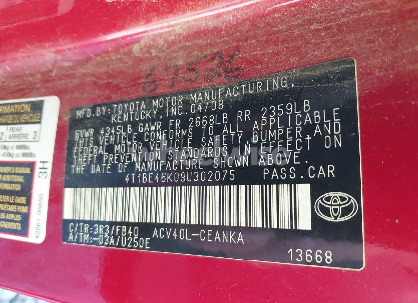 Photo 9 of 2009 Toyota Camry LE (VIN 4T1BE46K09U302075)