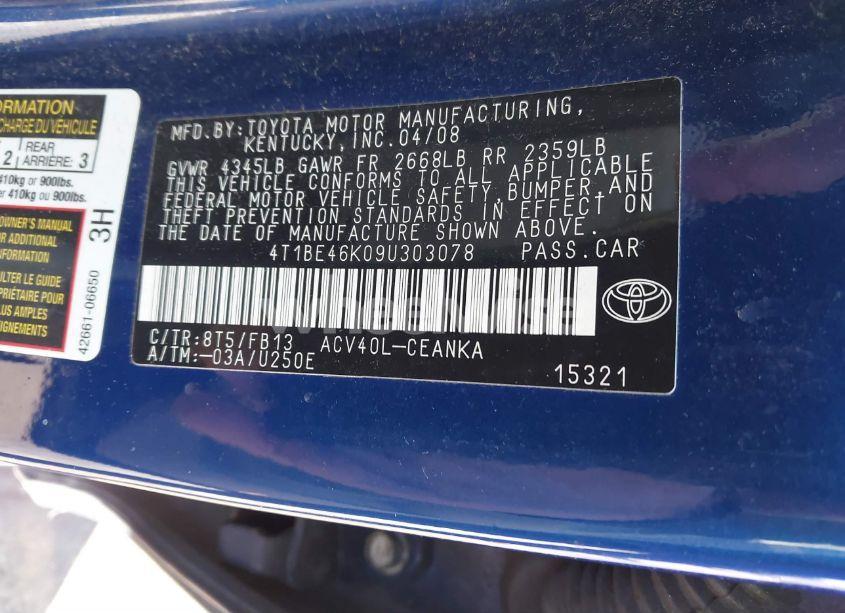 Photo 9 of 2009 Toyota Camry LE (VIN 4T1BE46K09U303078)