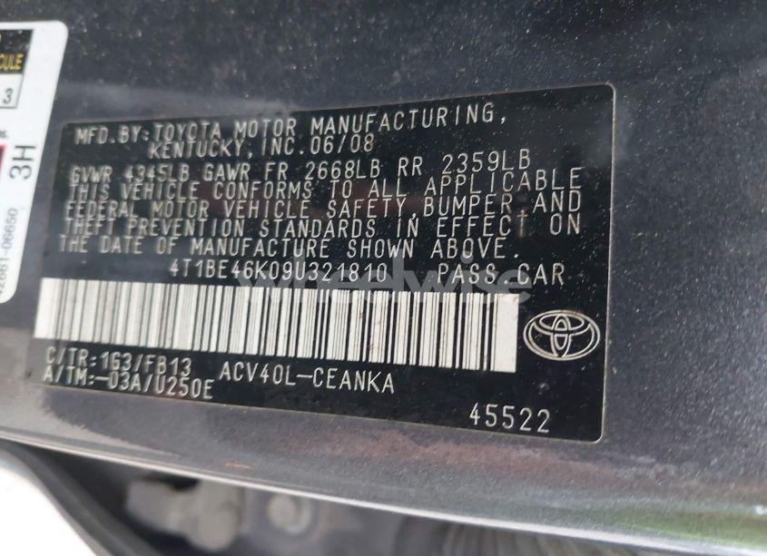 Photo 9 of 2009 Toyota Camry LE (VIN 4T1BE46K09U321810)