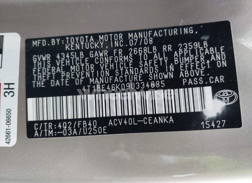 Photo 9 of 2009 Toyota Camry (VIN 4T1BE46K09U334685)