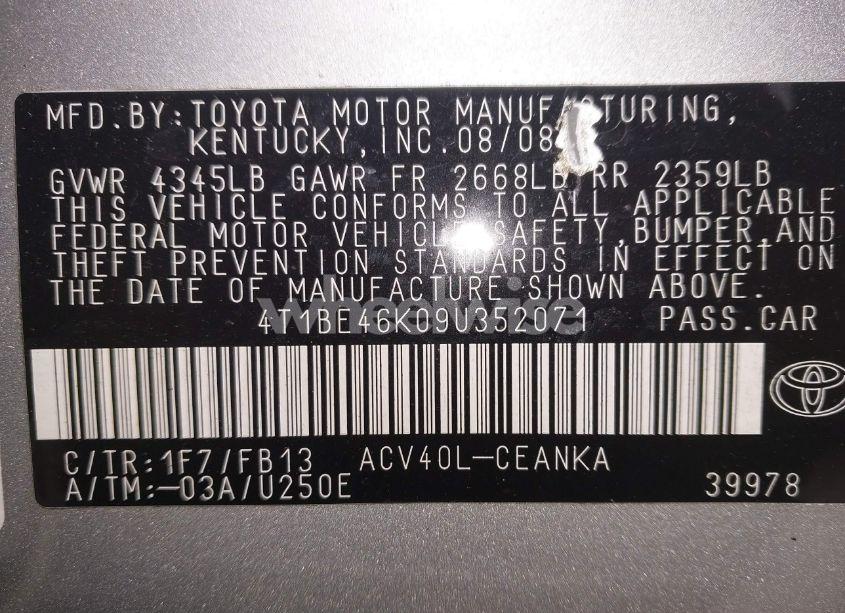 Photo 9 of 2009 Toyota Camry LE (VIN 4T1BE46K09U352071)