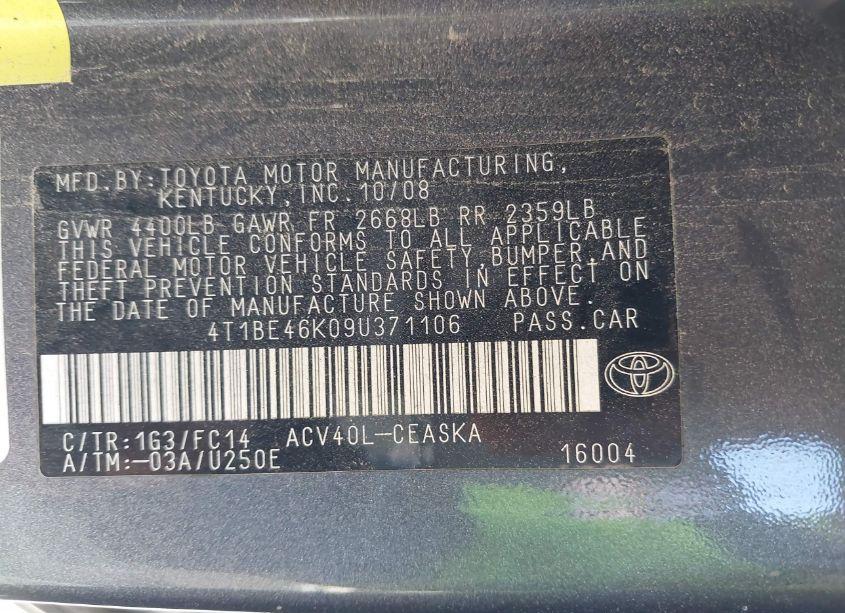 Photo 9 of 2009 Toyota Camry SE (VIN 4T1BE46K09U371106)