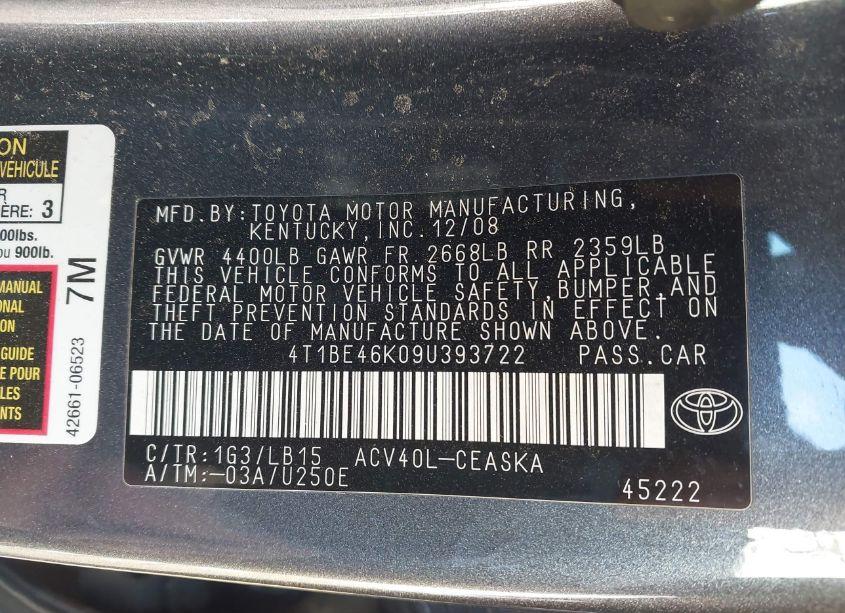Photo 9 of 2009 Toyota Camry SE (VIN 4T1BE46K09U393722)