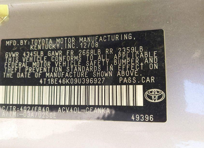 Photo 9 of 2009 Toyota Camry LE (VIN 4T1BE46K09U396927)