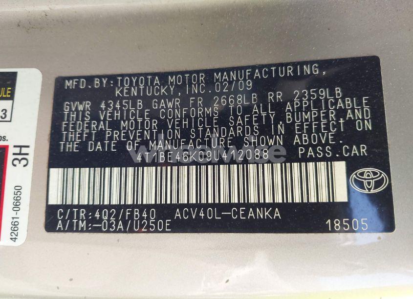 Photo 9 of 2009 Toyota Camry LE (VIN 4T1BE46K09U412088)