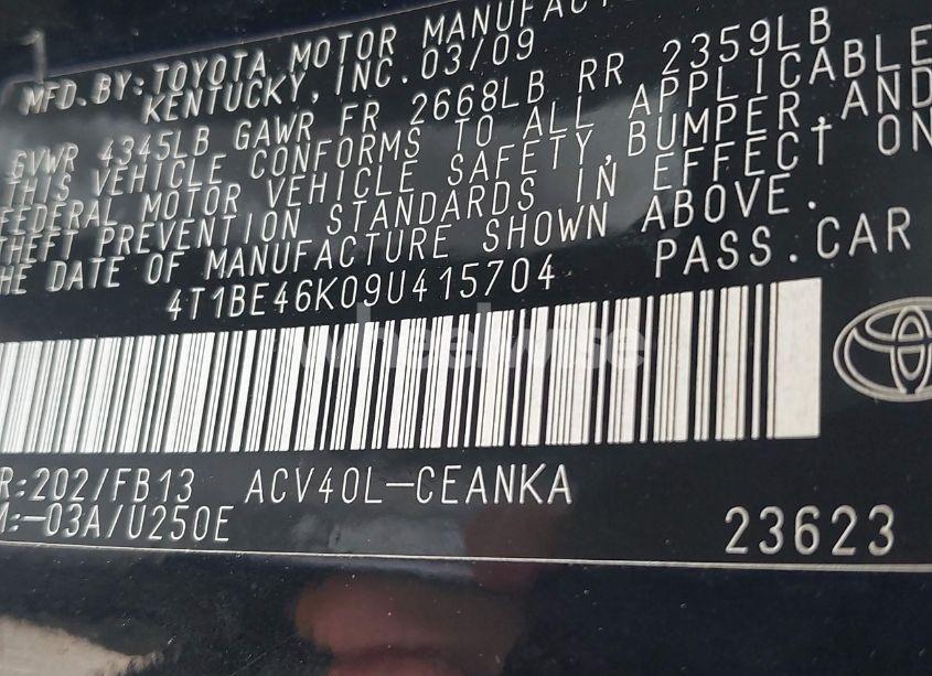 Photo 9 of 2009 Toyota Camry LE (VIN 4T1BE46K09U415704)