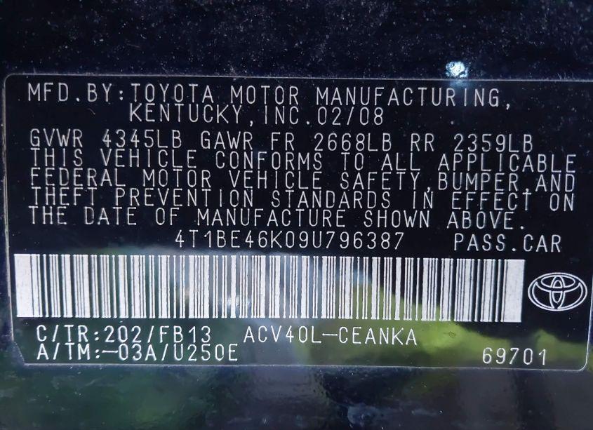 Photo 9 of 2009 Toyota Camry LE (VIN 4T1BE46K09U796387)