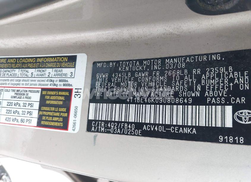 Photo 9 of 2009 Toyota Camry LE (VIN 4T1BE46K09U808649)