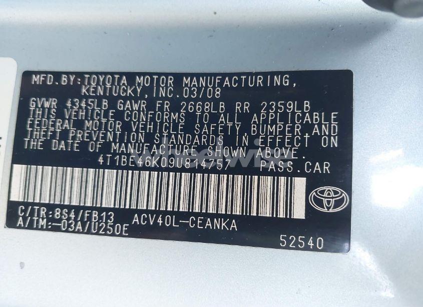 Photo 9 of 2009 Toyota Camry LE (VIN 4T1BE46K09U814757)