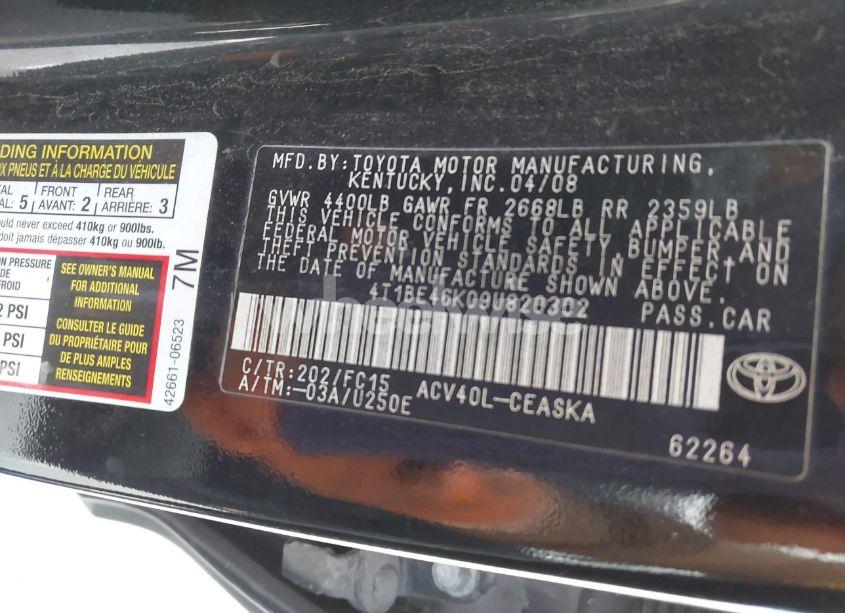 Photo 9 of 2009 Toyota Camry SE (VIN 4T1BE46K09U820302)