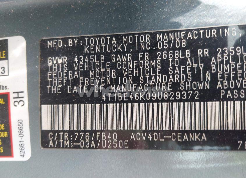 Photo 9 of 2009 Toyota Camry LE (VIN 4T1BE46K09U829372)