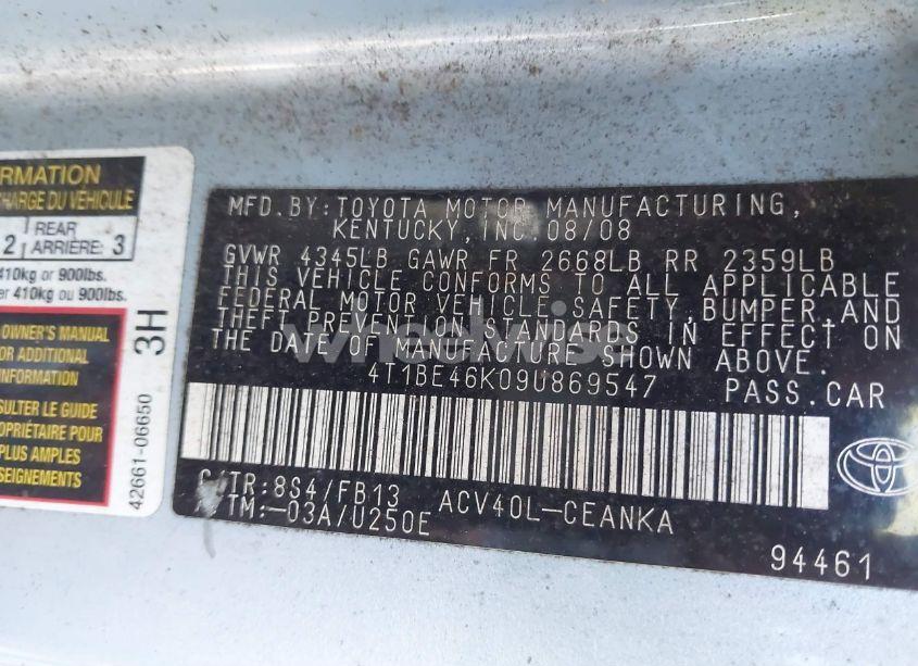 Photo 9 of 2009 Toyota Camry LE (VIN 4T1BE46K09U869547)
