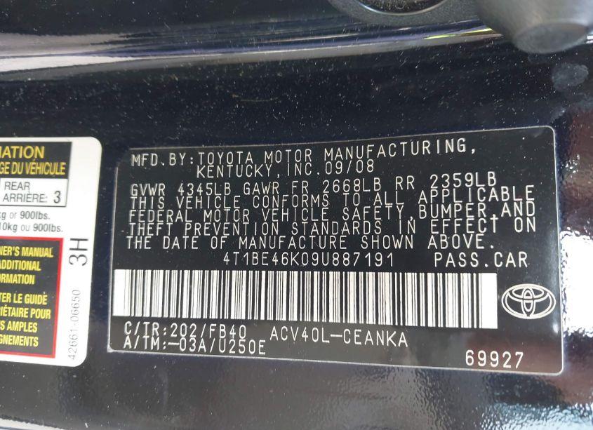 Photo 9 of 2009 Toyota Camry LE (VIN 4T1BE46K09U887191)