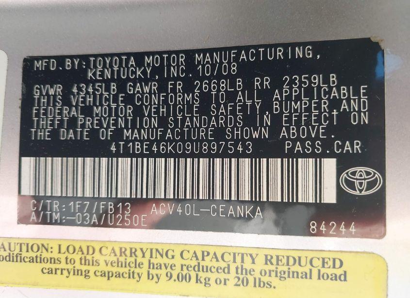 Photo 9 of 2009 Toyota Camry LE (VIN 4T1BE46K09U897543)