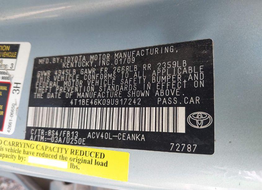Photo 9 of 2009 Toyota Camry LE (VIN 4T1BE46K09U917242)