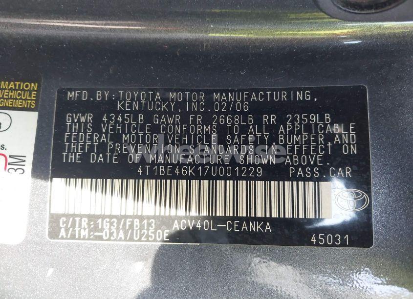 Photo 9 of 2007 Toyota Camry LE (VIN 4T1BE46K17U001229)