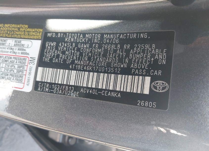 Photo 9 of 2007 Toyota Camry LE (VIN 4T1BE46K17U013512)