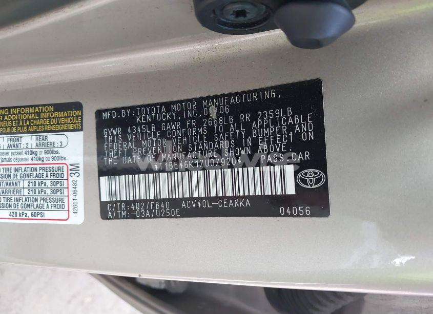 Photo 9 of 2007 Toyota Camry LE (VIN 4T1BE46K17U079204)