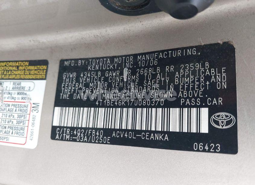 Photo 9 of 2007 Toyota Camry LE (VIN 4T1BE46K17U080370)