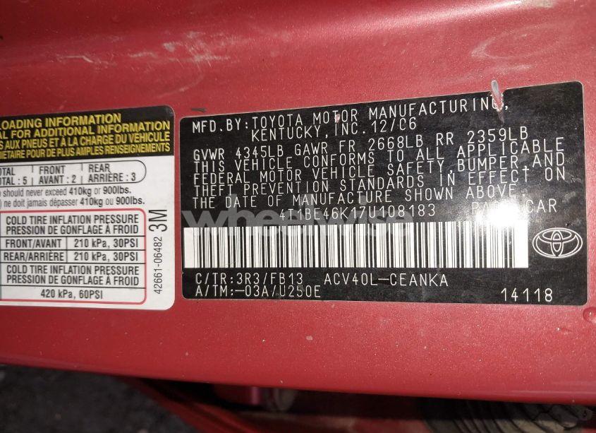 Photo 9 of 2007 Toyota Camry LE (VIN 4T1BE46K17U108183)