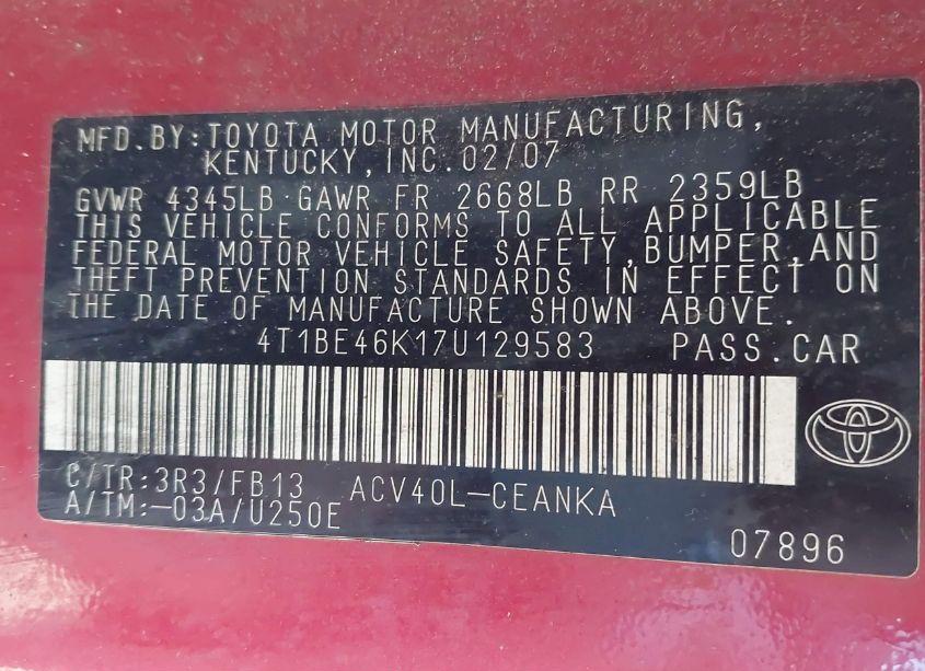 Photo 9 of 2007 Toyota Camry LE (VIN 4T1BE46K17U129583)