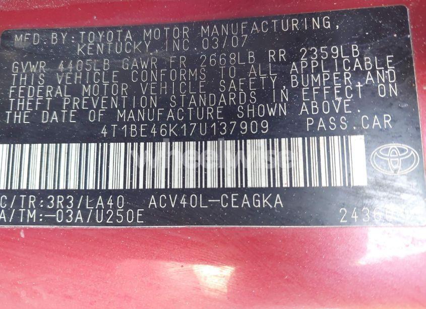 Photo 9 of 2007 Toyota Camry XLE (VIN 4T1BE46K17U137909)