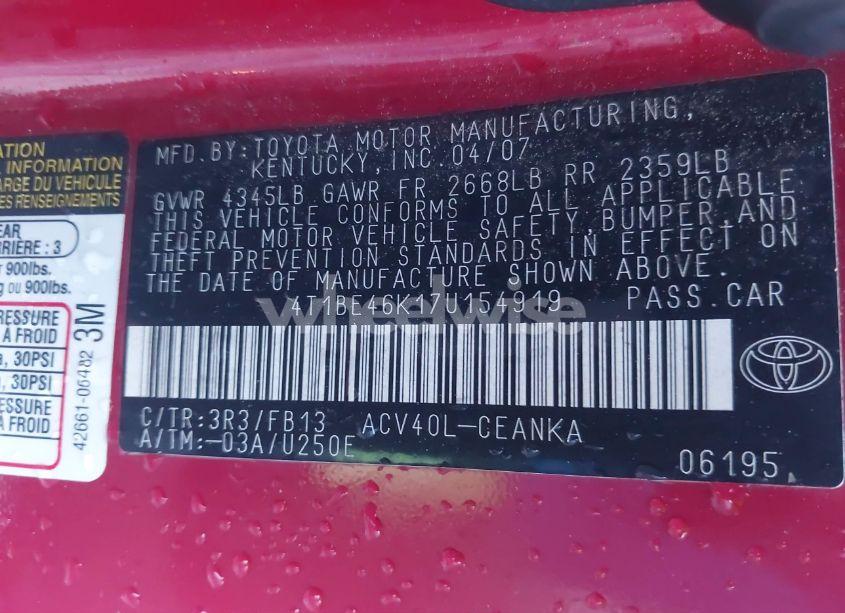 Photo 9 of 2007 Toyota Camry LE (VIN 4T1BE46K17U154919)