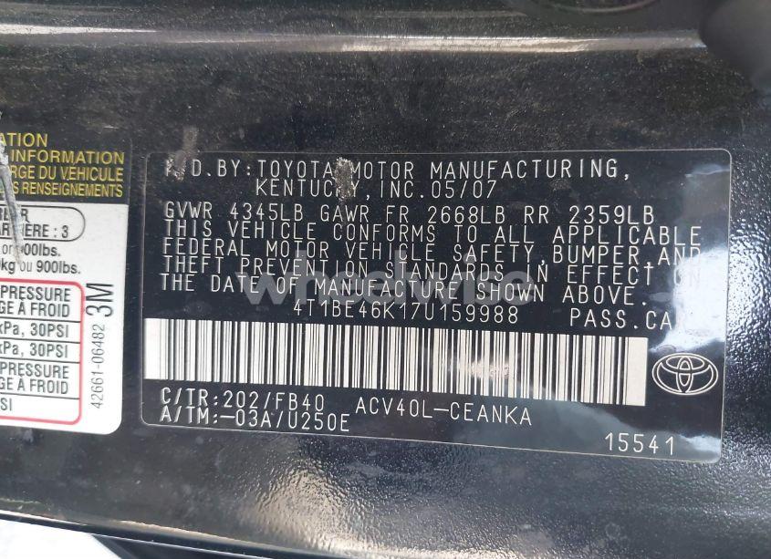 Photo 9 of 2007 Toyota Camry LE (VIN 4T1BE46K17U159988)