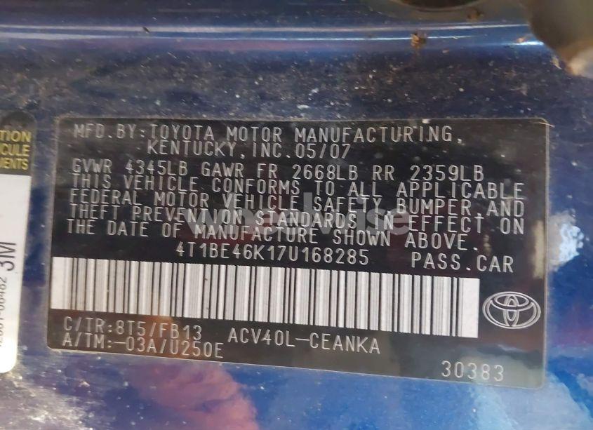 Photo 9 of 2007 Toyota Camry LE (VIN 4T1BE46K17U168285)