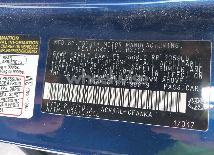 Photo 9 of 2007 Toyota Camry LE (VIN 4T1BE46K17U190819)