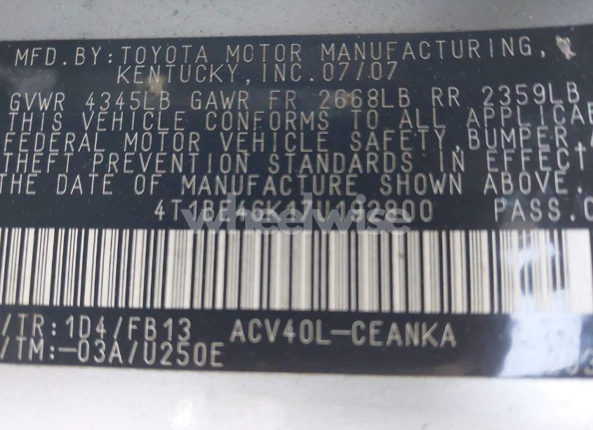 Photo 9 of 2007 Toyota Camry LE (VIN 4T1BE46K17U192800)